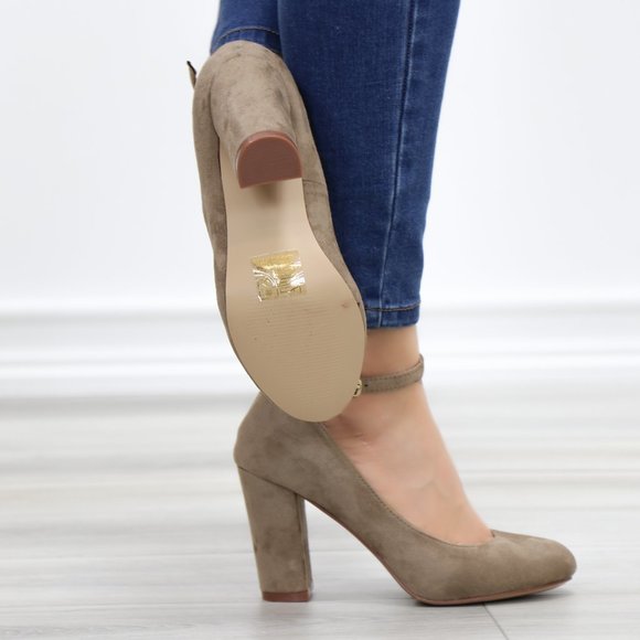 Taupe Ankle Strap Vintage Style Block Heels - Picture 14 of 14